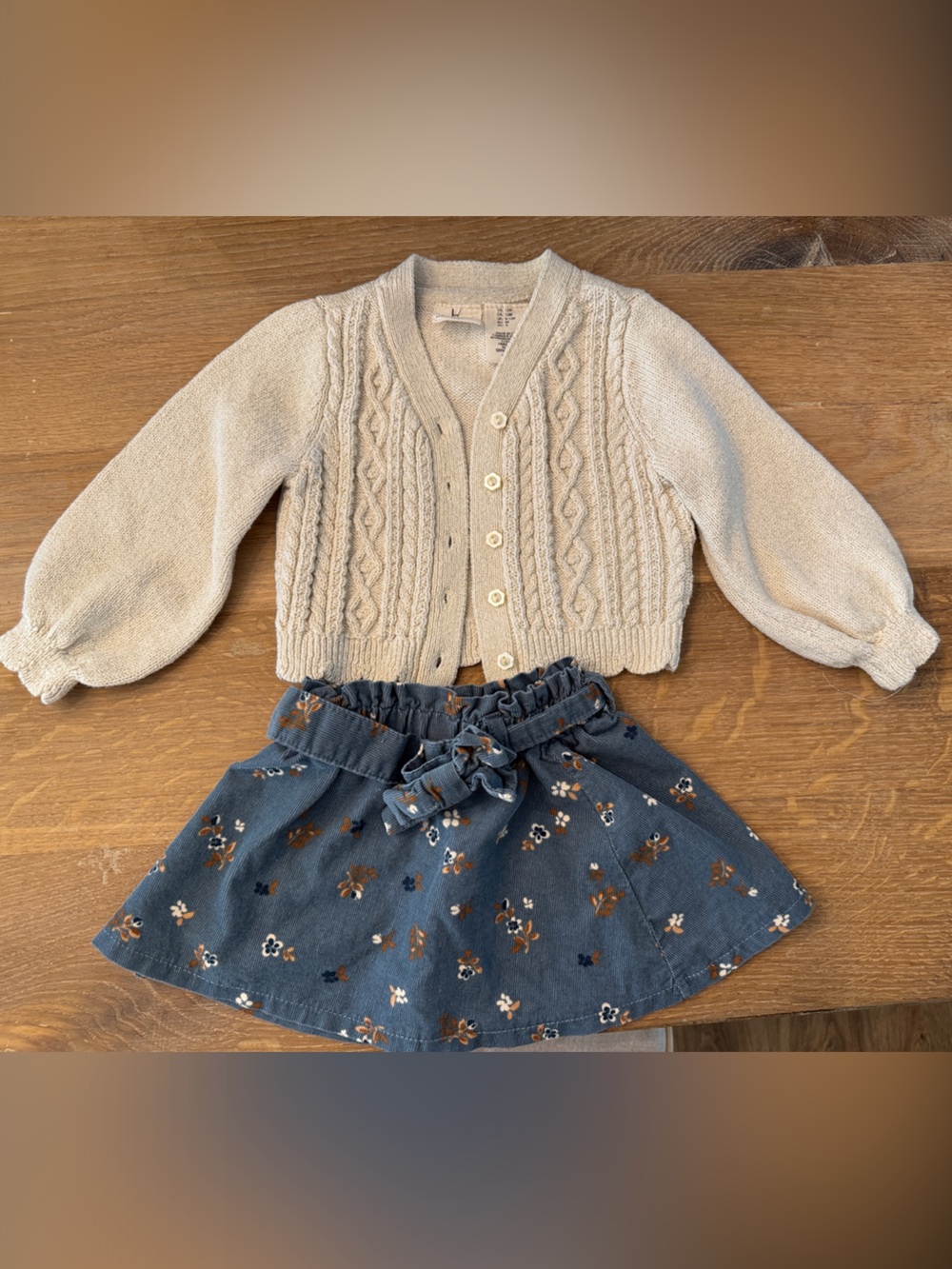 Baby Girl Cream Cable-Knit Cardigan & Blue Floral Skirt Set